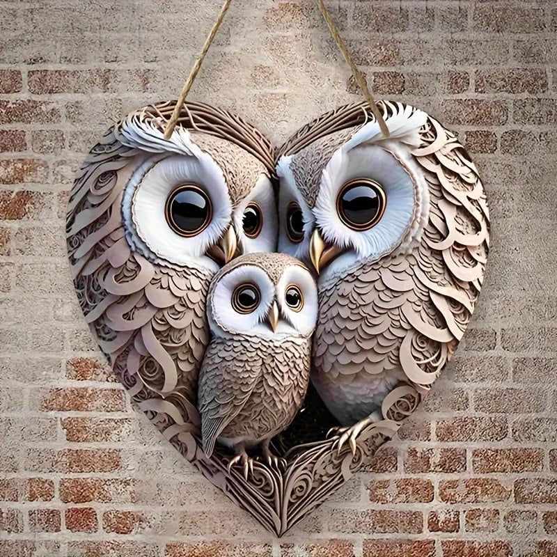 Rustic Wooden Owl Family Heart Sign - For a Warm Home