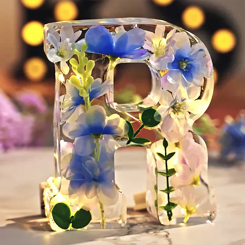 LumiFlair Floral Initial Night Lamp | Custom Resin Letter Light with Soft LED Glow