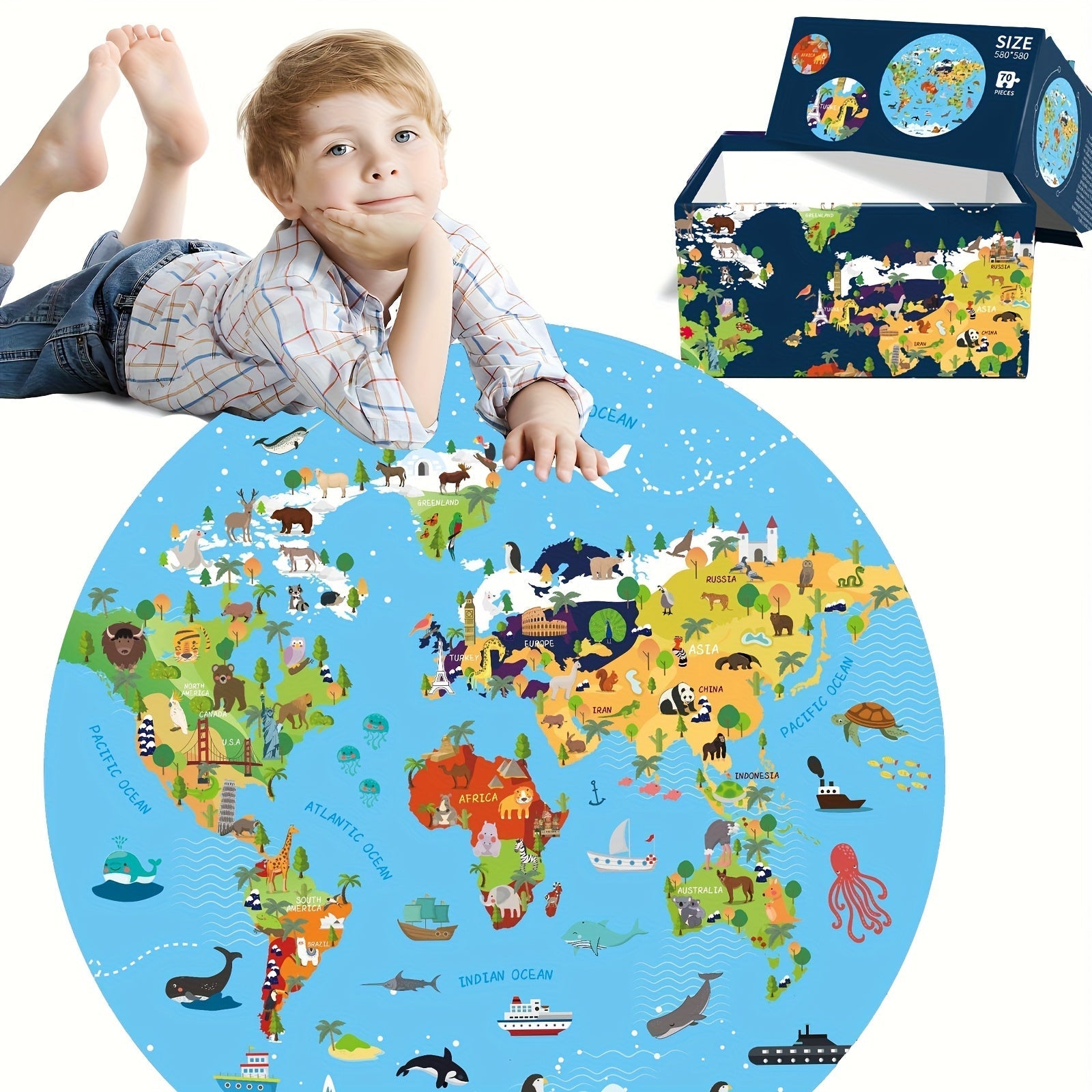 70-Piece Animal Floor Puzzle – Round World Map Design for Children