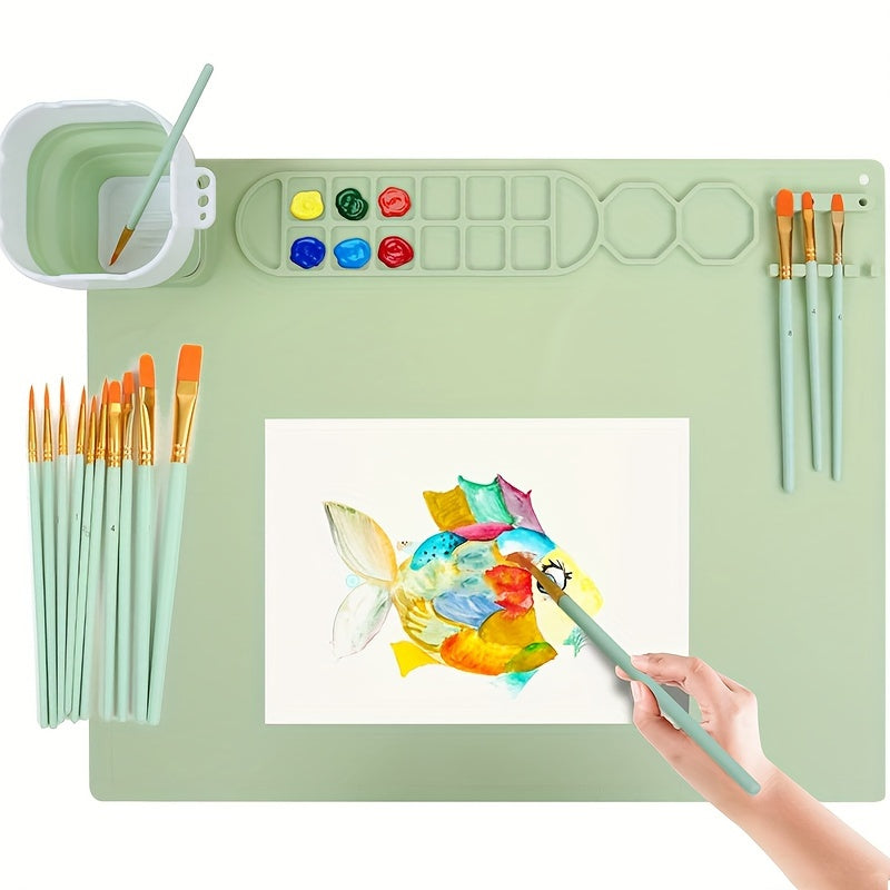 Silicone Painting Mat with Palette and Brush Holder – Durable and Flexible