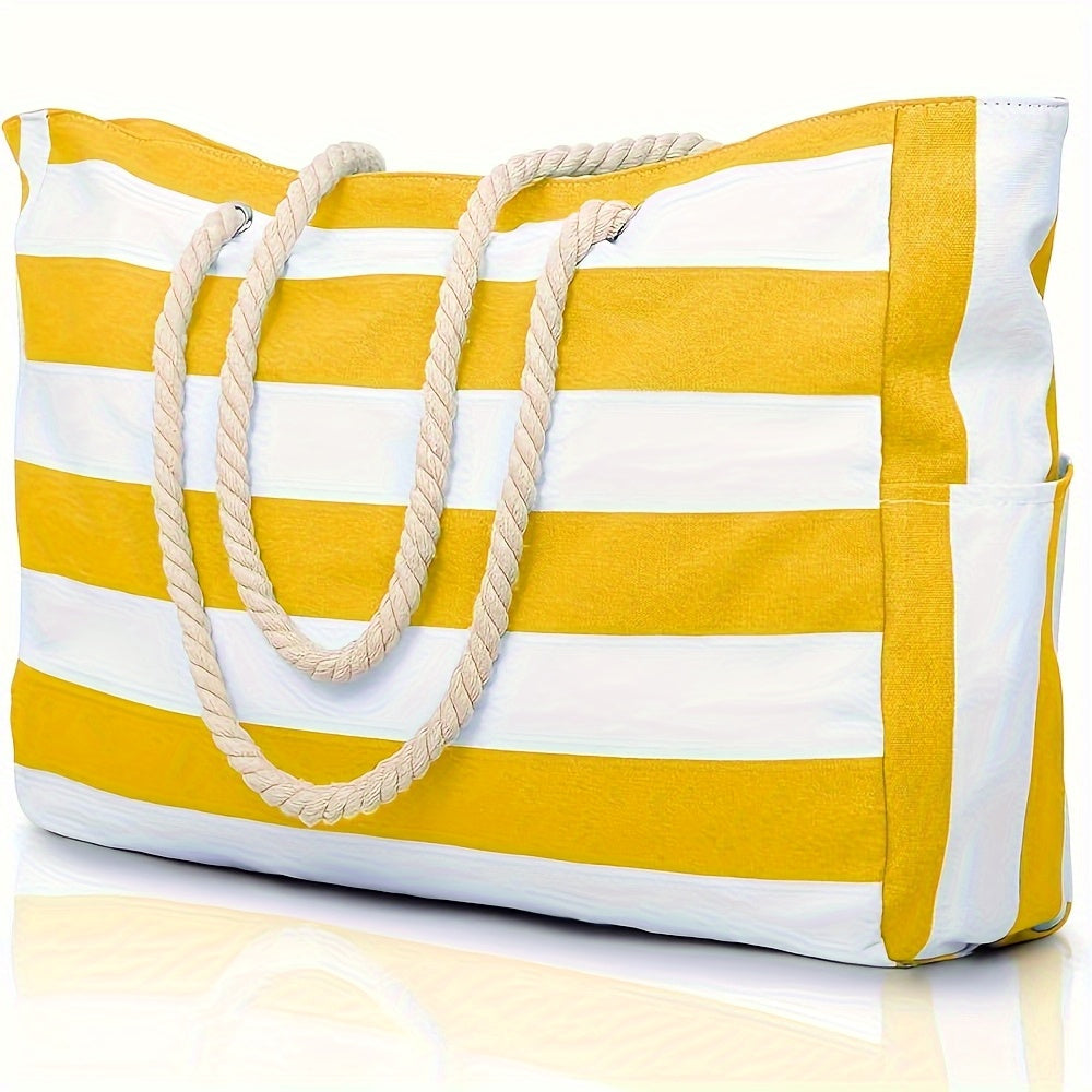 Striped Large Capacity Beach Bag – Durable Polyester with Zip
