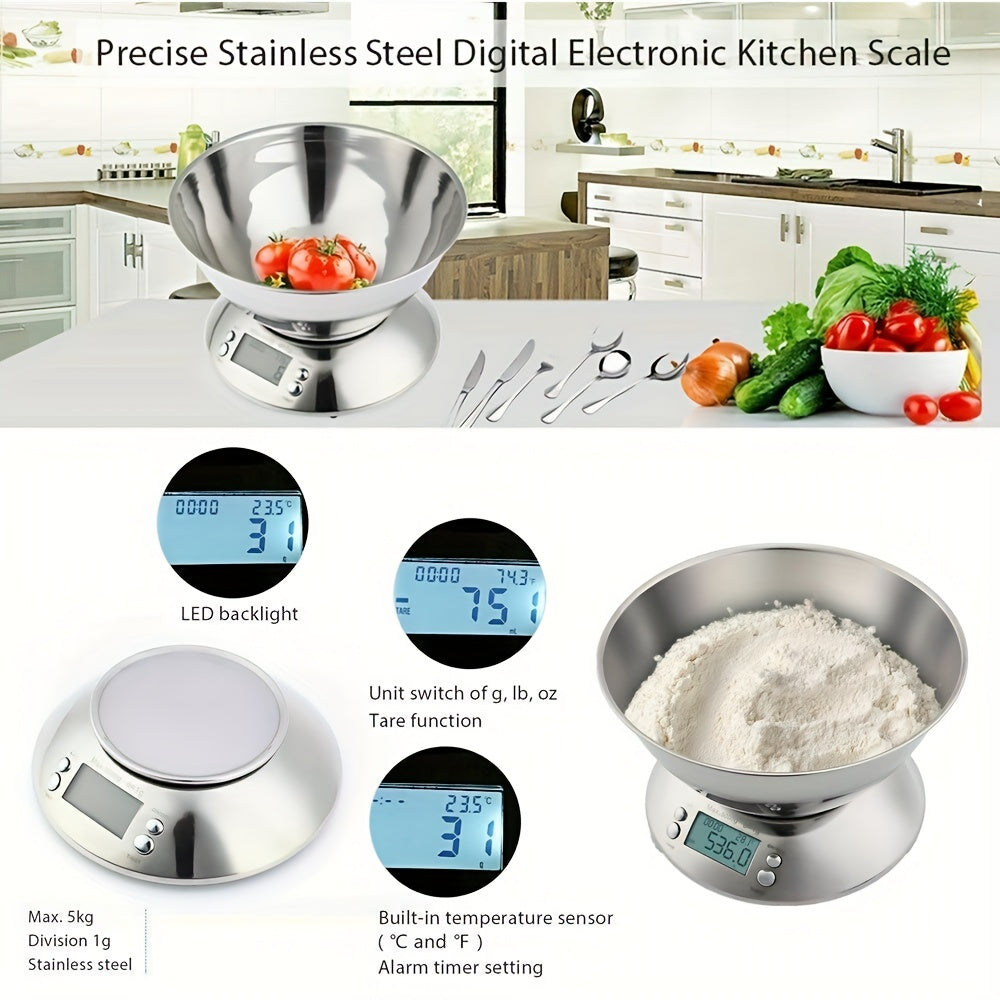 Digital Kitchen Scale with Stainless Steel Bowl – Precision with Temperature Sensor and Timer Function for Baking and Cooking