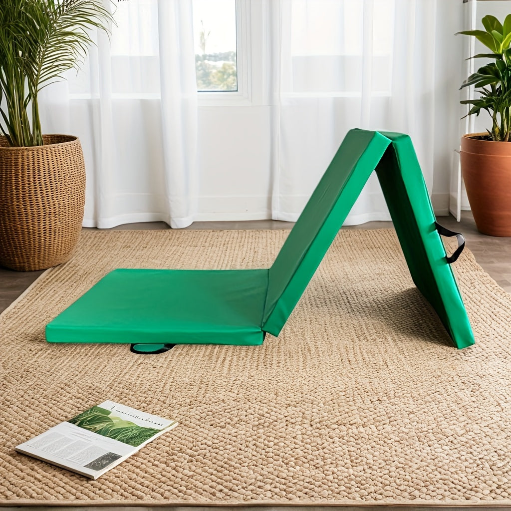 Portable tri-fold yoga mat with thick padding, non-slip PU surface, and handle