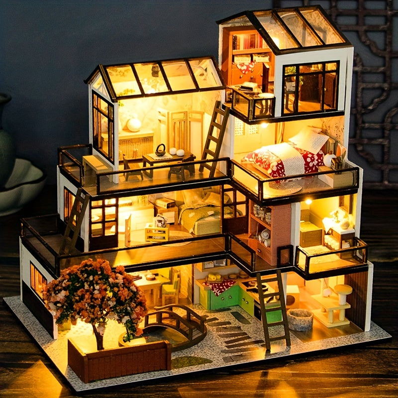 Miniature Villa 3D Puzzle Kit – Handmade Model with LED Lighting and Detailed Interior