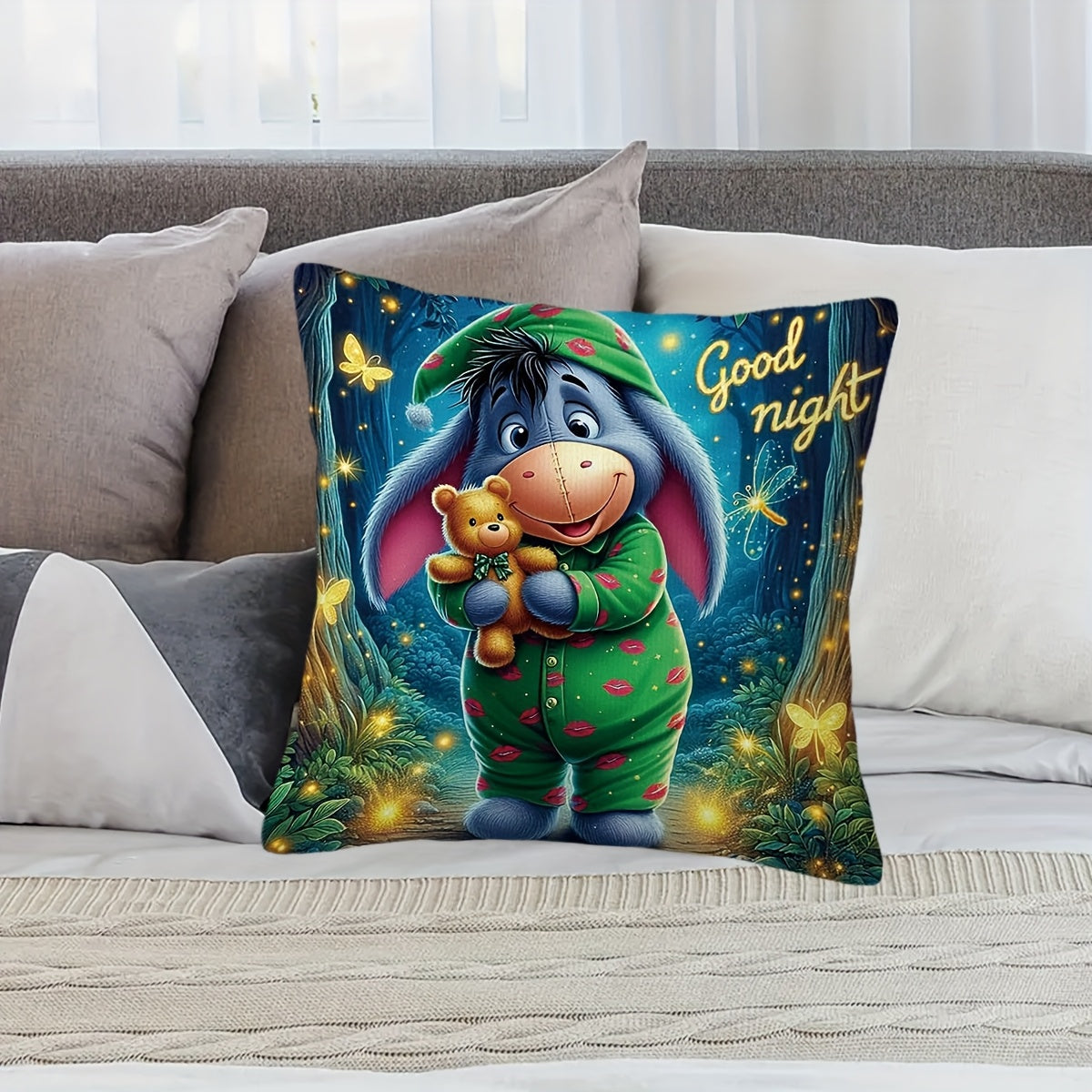 Eeyore Plush Cushion Cover - Playful Double-Sided Design with Zip for Living Room and Bedroom