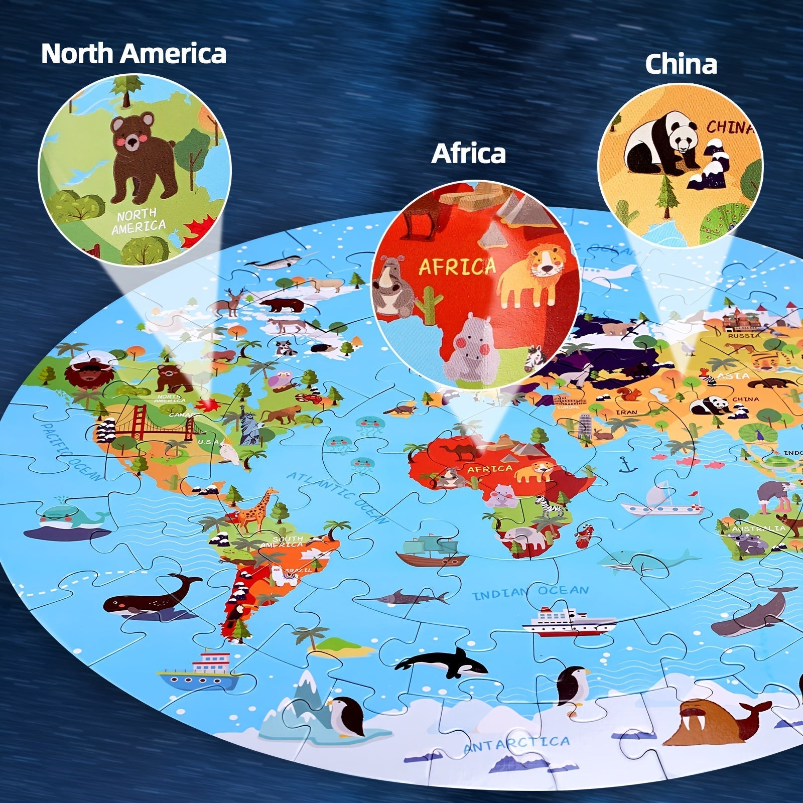 70-Piece Animal Floor Puzzle – Round World Map Design for Children