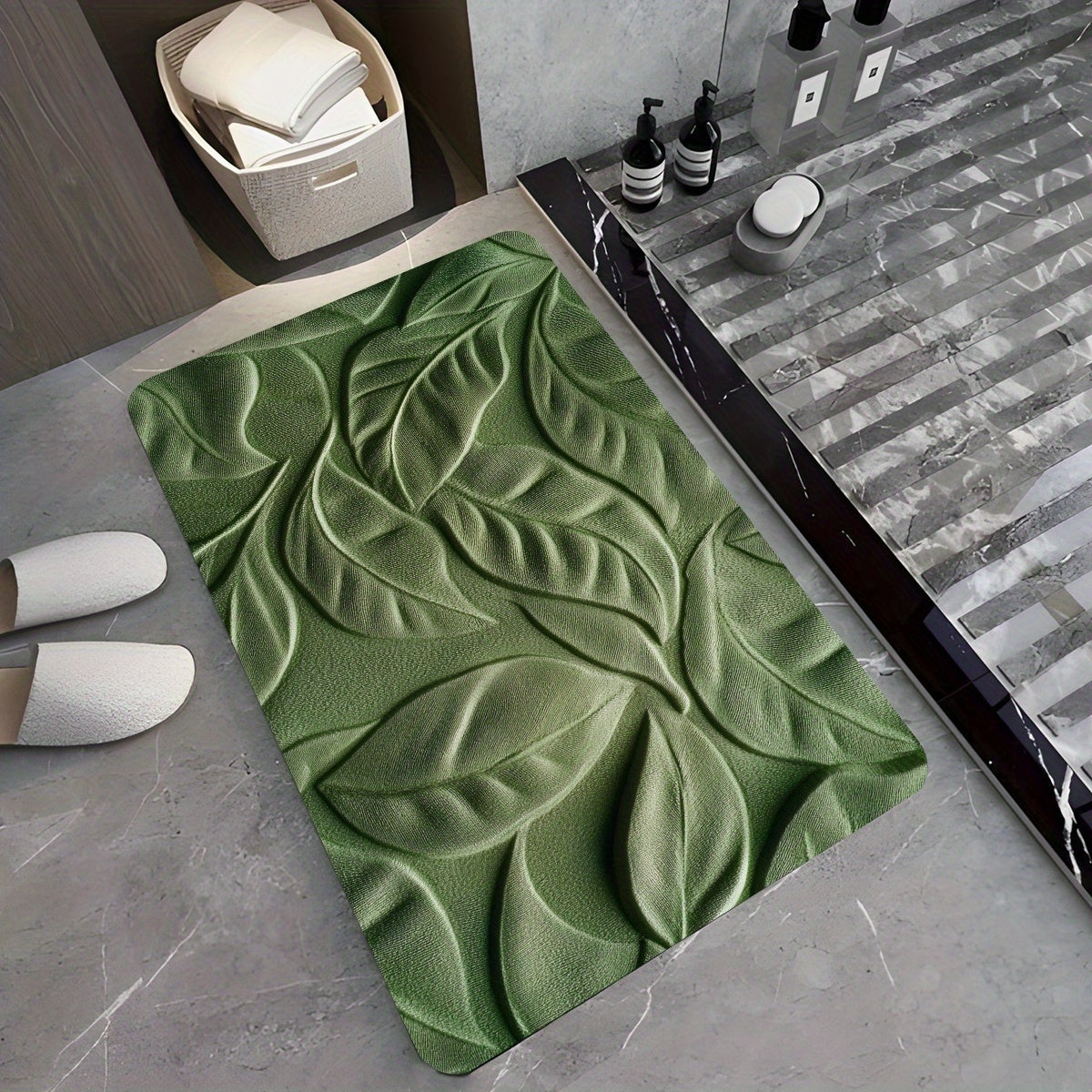 Diatomaceous Earth Bath Mat with Green Leaf Pattern – Absorbent and Quick-Drying