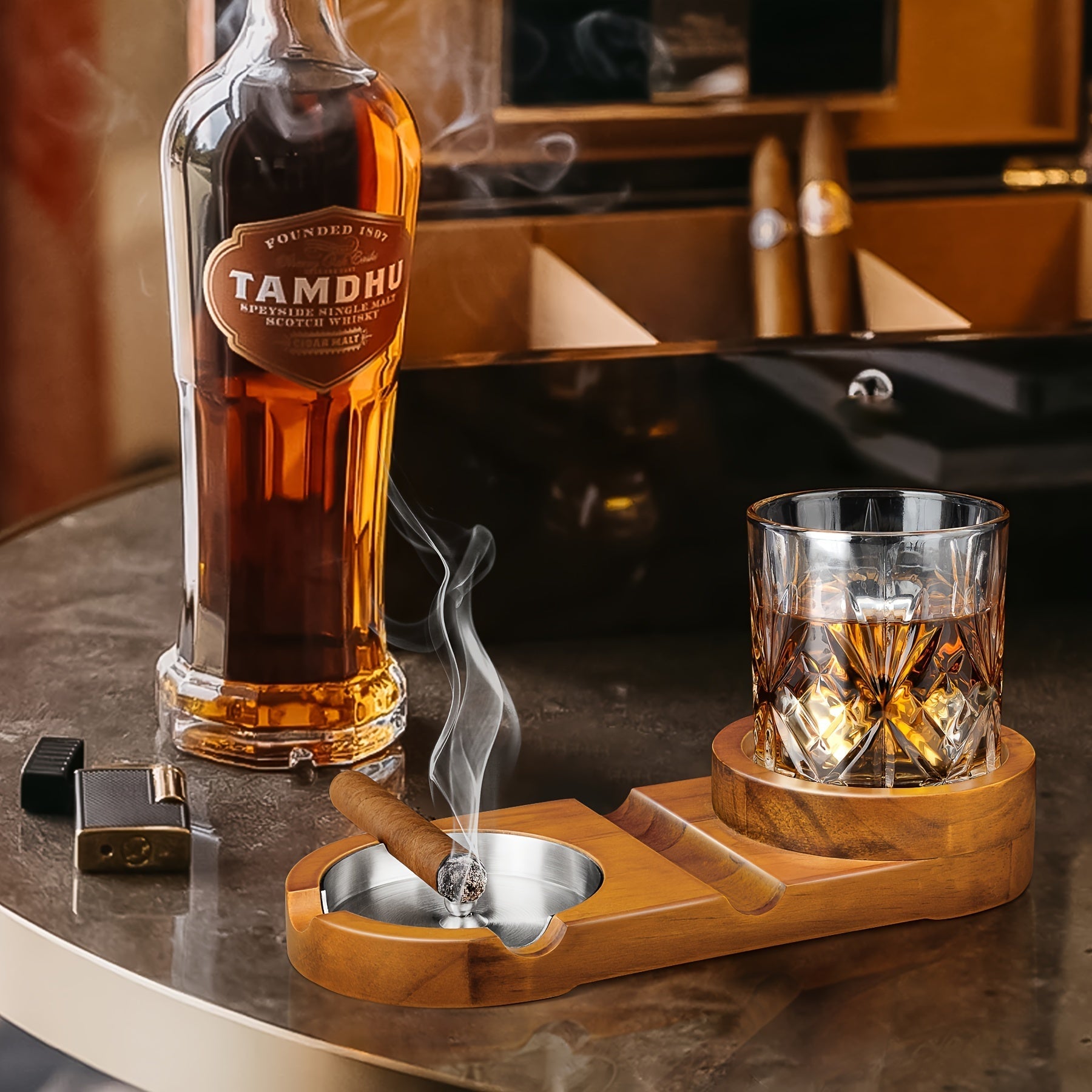 Creative Cigar Ashtray and Whiskey Glass Tray - The Perfect Father's Day Gift or Corporate Present