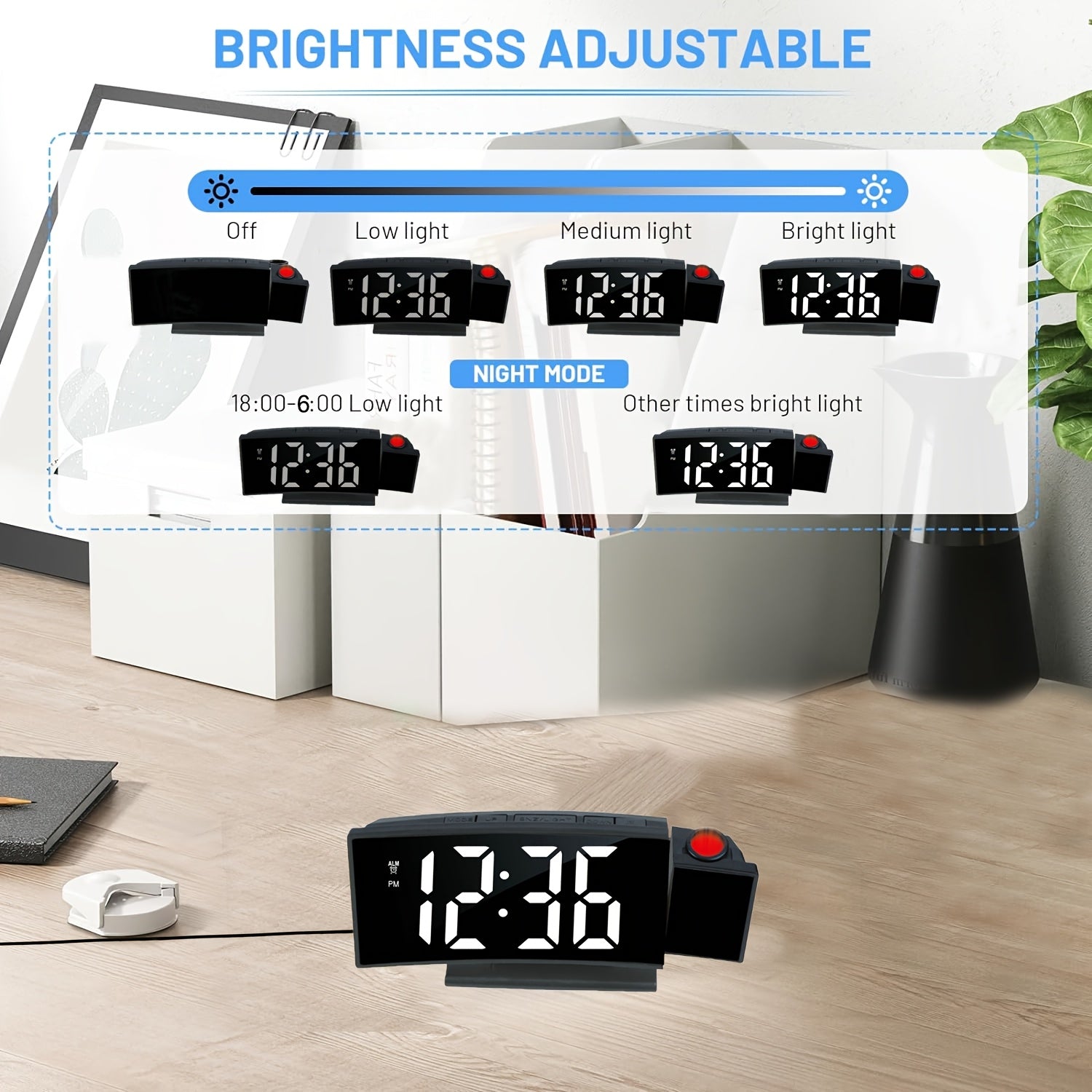 Digital Projection Alarm Clock – LED Display and Snooze Function with Adjustable Brightness