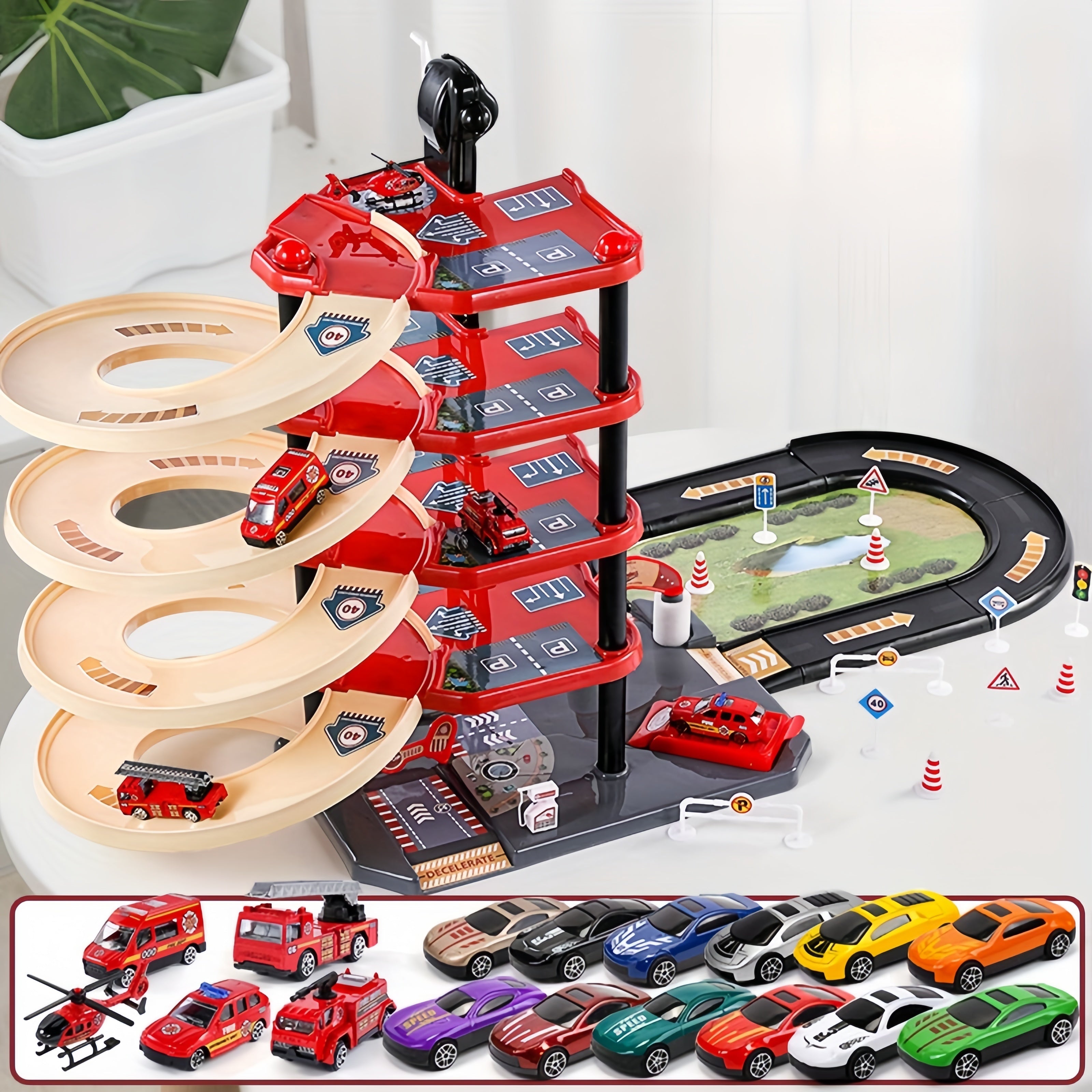 FirePark Garage Playset - Multi-Storey with Fire Engines and Traffic Signs