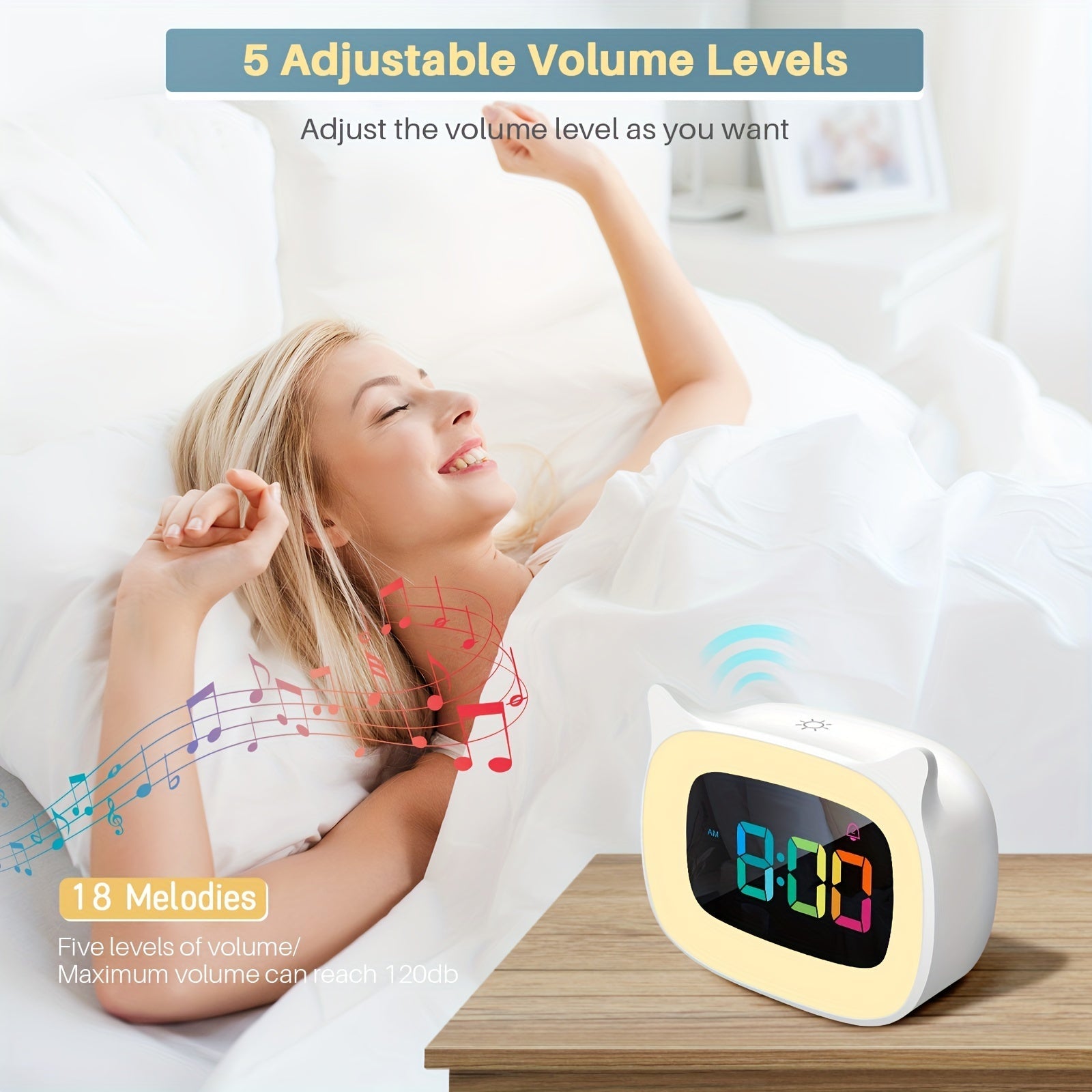 Cute Cat Ears Alarm Clock – RGB Night Light with 18 Melodies and USB Rechargeable