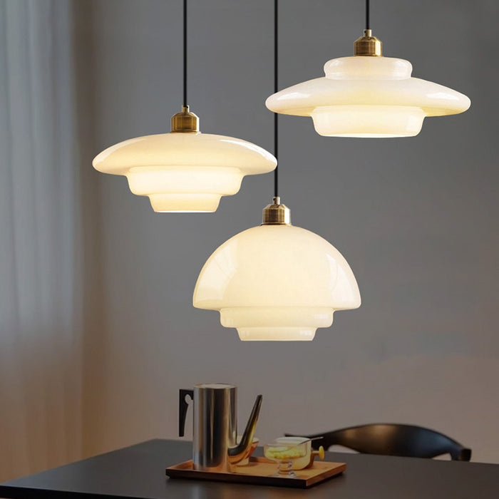 Milk White Glass Pendant Lamp | Mid-Century Modern Design | Diameter Variations | Adjustable Suspension Length | Glass and Brass | Suitable for 110V-120V | Elegant Statement Piece for Interiors