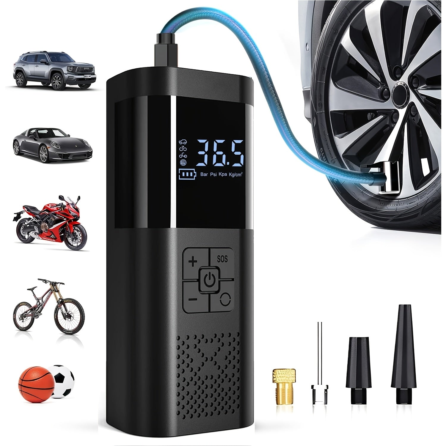 Portable Air Compressor – Smart Tyre Inflator with LCD Screen and LED Lights