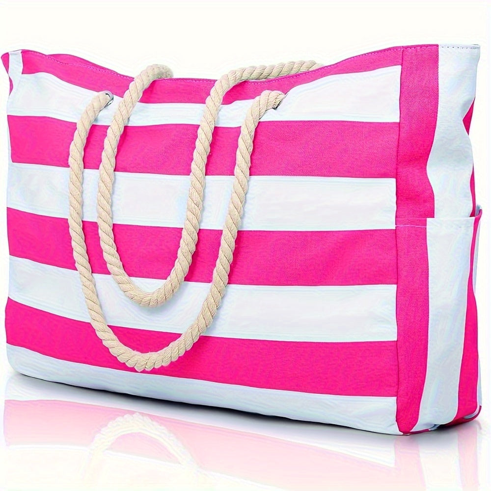 Striped Large Capacity Beach Bag – Durable Polyester with Zip