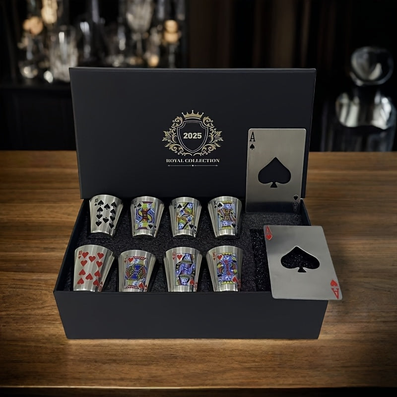 Royal Playing Cards Whiskey Glass Set – Stainless Steel & Bottle Openers