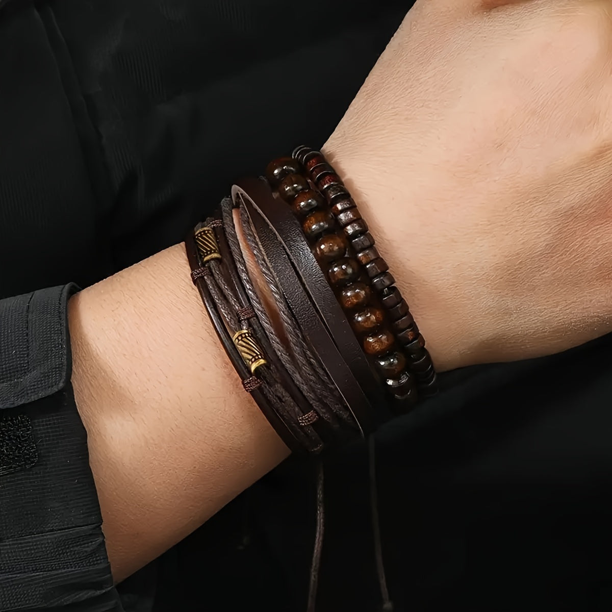 Stylish Leather and Wooden Bracelet Set - For the Modern Man