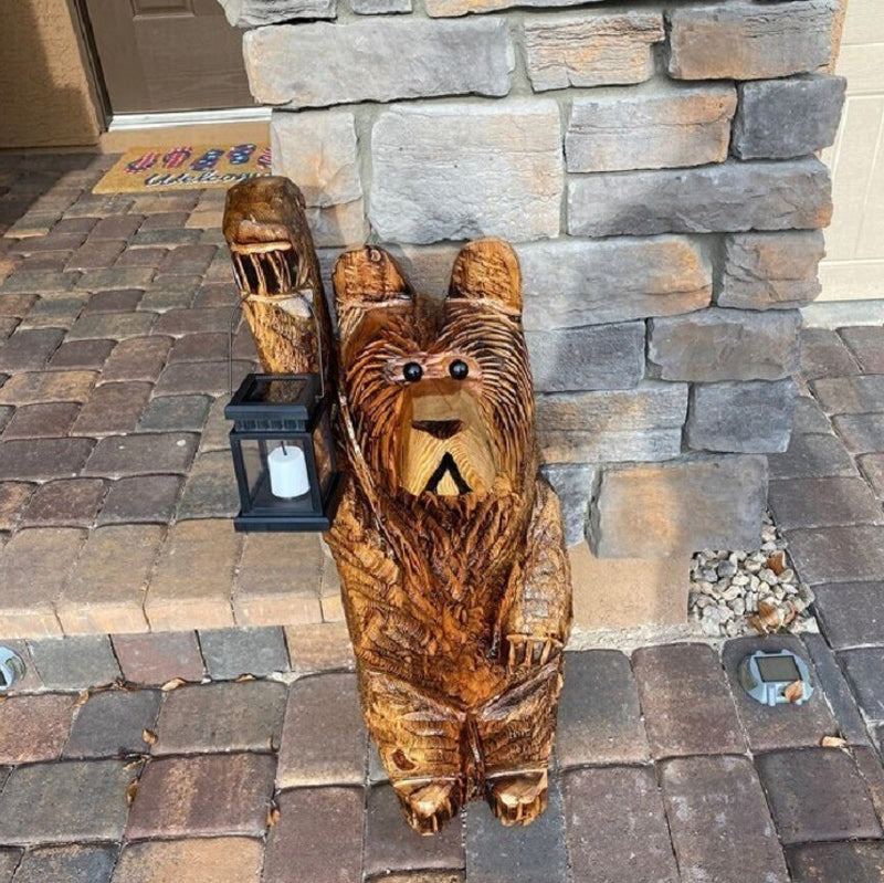 Cedar Carved Bear with Solar Lantern