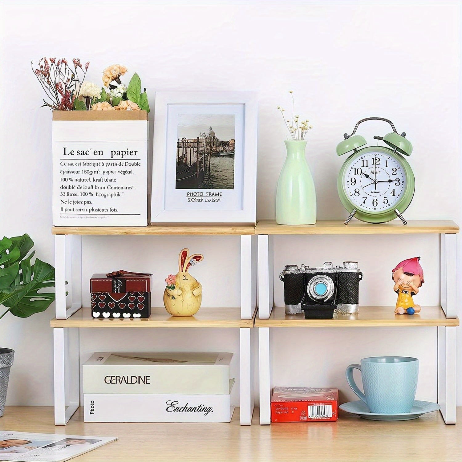 2-Piece Adjustable Bamboo Storage Racks – Stylish and Space-Saving for Cupboards or Worktops