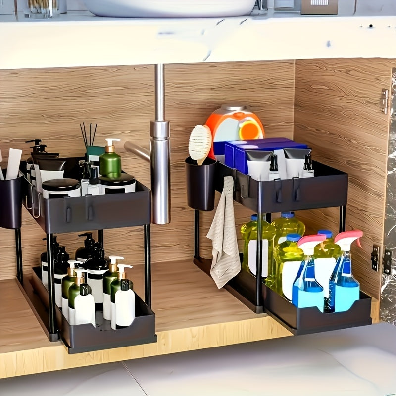 2-Tier Organiser with Hooks and Cup – Smart and Stable Storage System for Under Sink or Worktop