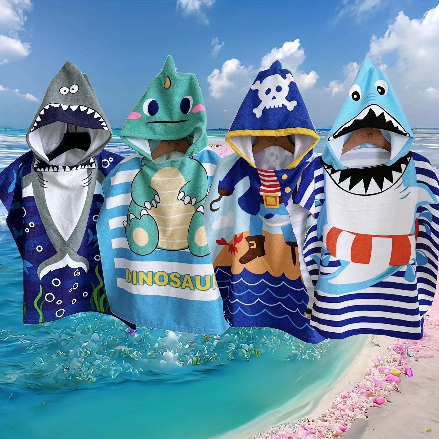 Cartoon Dinosaurs and Pirates Beach Towel for Children – Soft Hooded Bath Cape