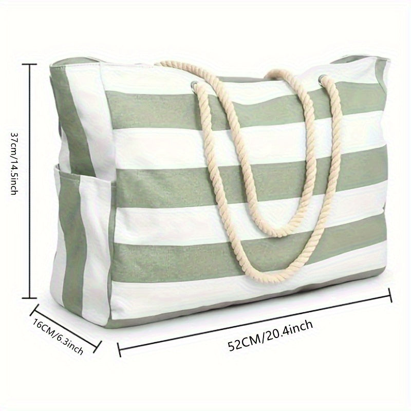 Striped Large Capacity Beach Bag – Durable Polyester with Zip