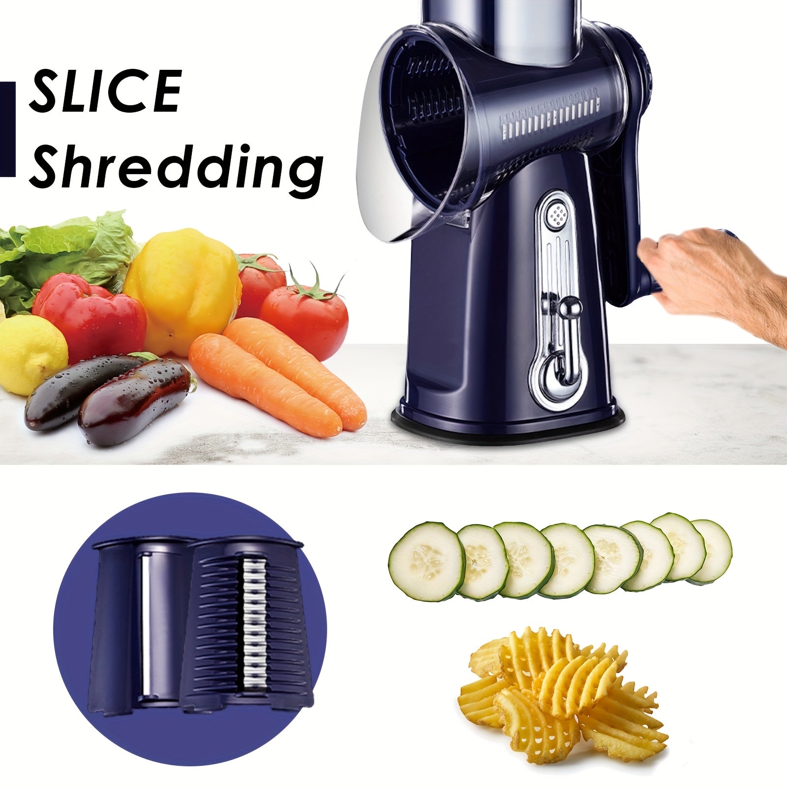 Multifunctional Rotating Kitchen Grater – 5-in-1 Cheese Grater and Vegetable Slicer with Non-Slip Base