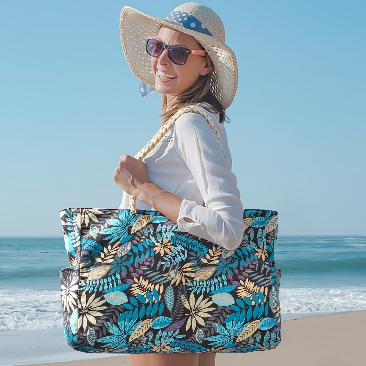 Trendy Large Beach Bag with Leaf Print - Spacious, Durable and Perfect for Holidays