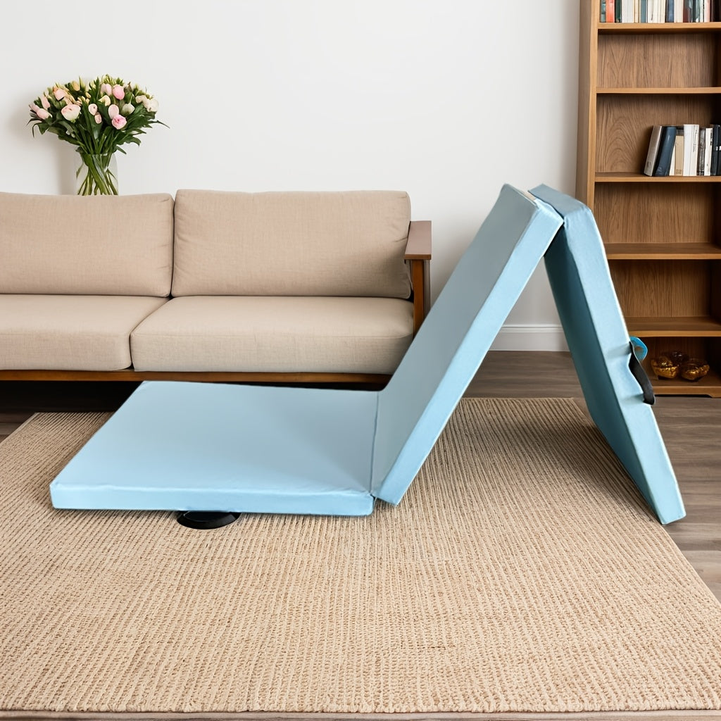 Portable tri-fold yoga mat with thick padding, non-slip PU surface, and handle