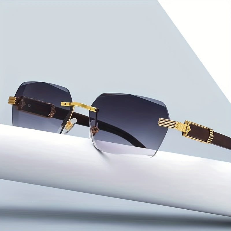 Rimless Sunglasses with Rectangular Lenses and Wooden Temples – Verro