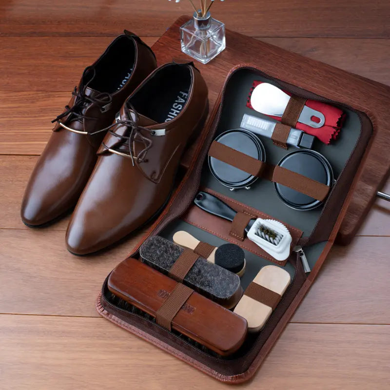 LuxeShine 9-Piece Shoe Care Set | Premium horsehair brush and polish kit for leather maintenance