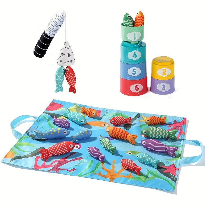 Children's Fabric Fishing Game – Plush Fish and Stacking Cups for Educational Fun