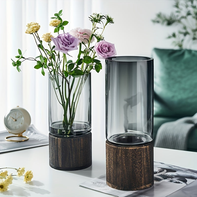 Luxury Glass Vase with Wooden Base - Elegant and Modern
