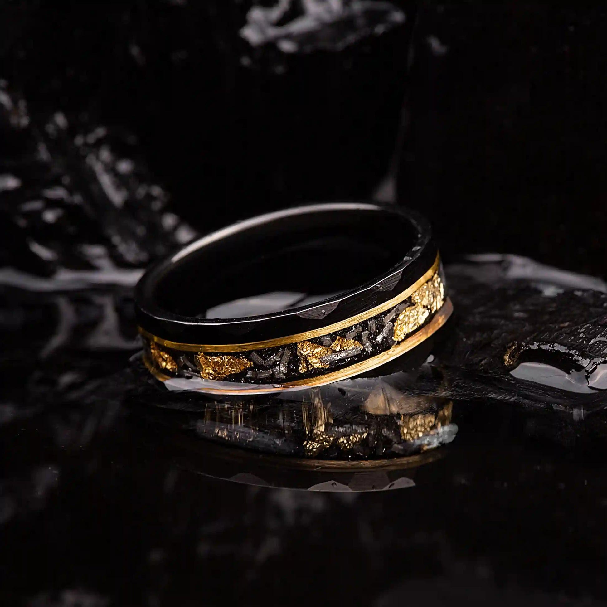 Golden Leaf and Black Meteorite Tungsten Ring – Orion