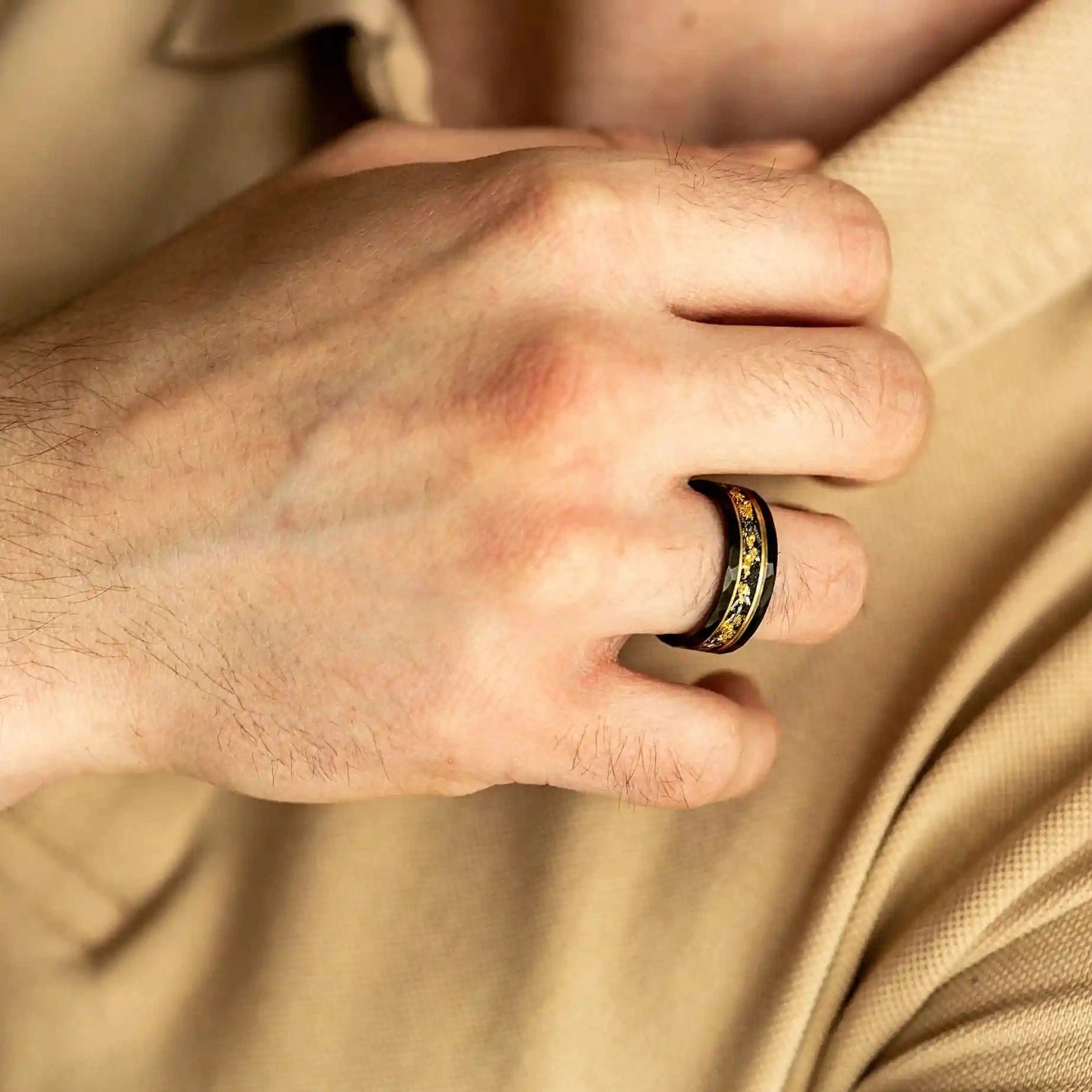 Golden Leaf and Black Meteorite Tungsten Ring – Orion