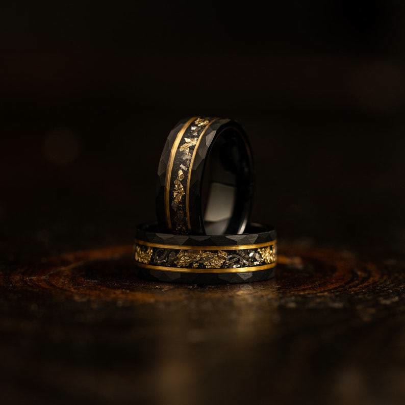 Golden Leaf and Black Meteorite Tungsten Ring – Orion