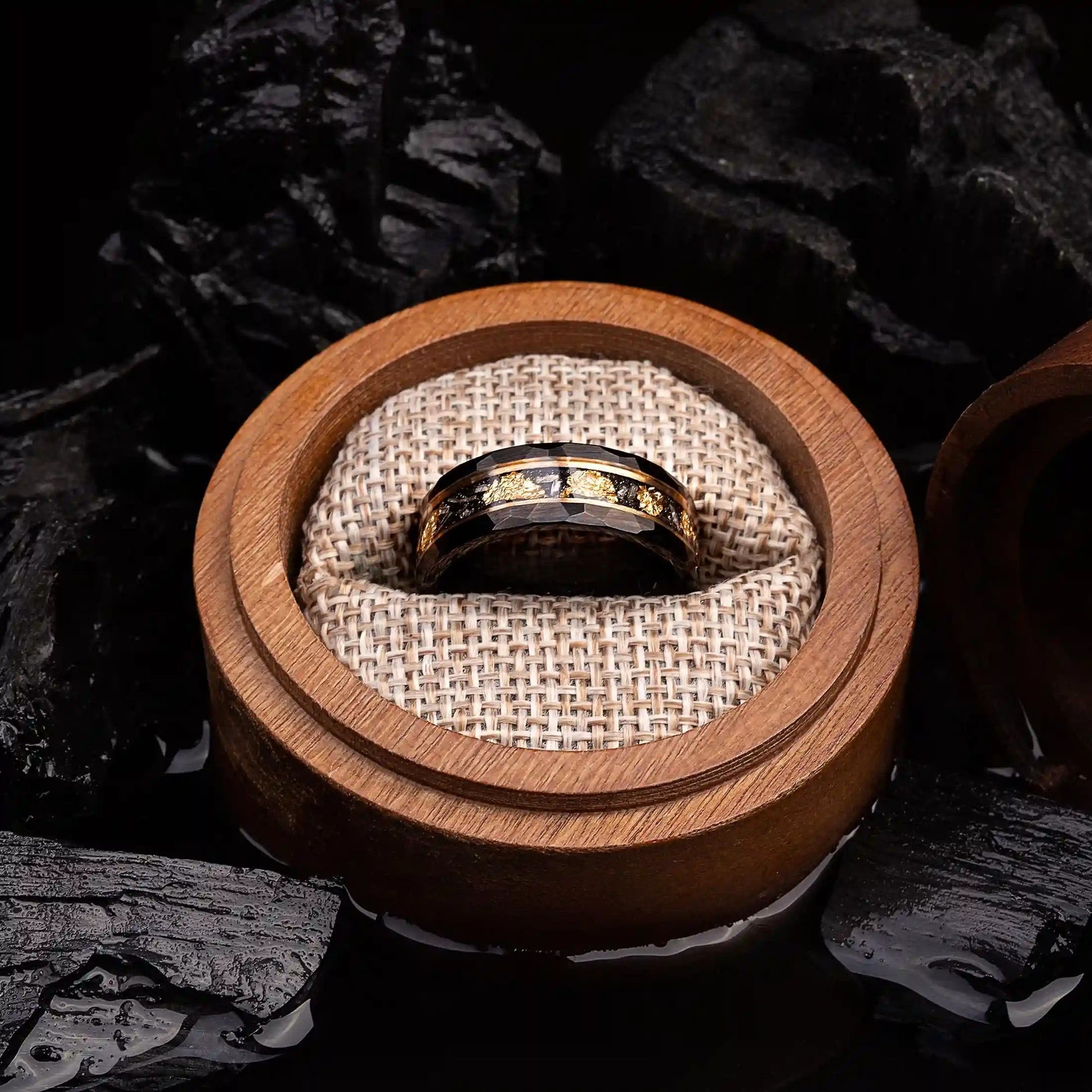 Golden Leaf and Black Meteorite Tungsten Ring – Orion