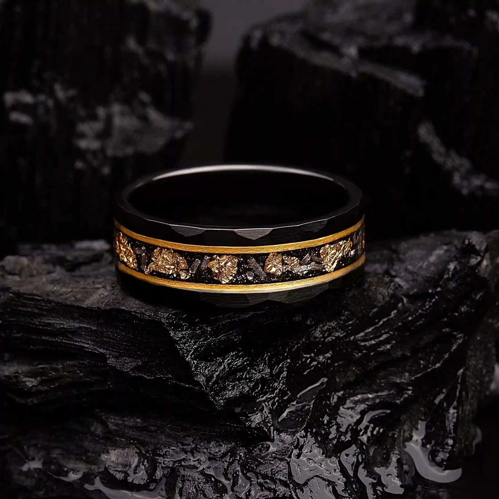 Golden Leaf and Black Meteorite Tungsten Ring – Orion