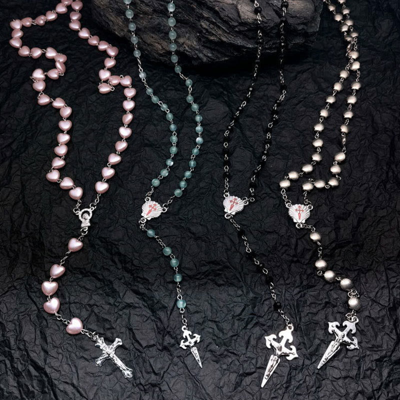 Heart-Shaped Rosary Necklace with Cat's Eye Stones – Elara