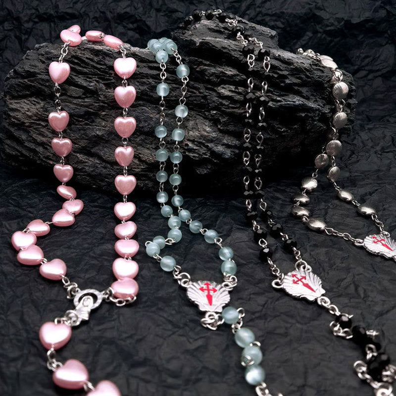 Heart-Shaped Rosary Necklace with Cat's Eye Stones – Elara