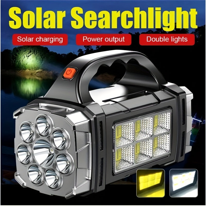 Super Bright LED Searchlight – Rechargeable Power Bank with USB and Solar Energy for Outdoor Adventures