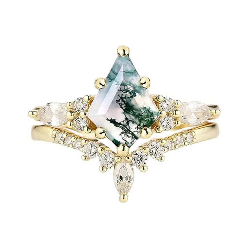 Stylish 2-Piece Moss Agate Ring Set - Serenia