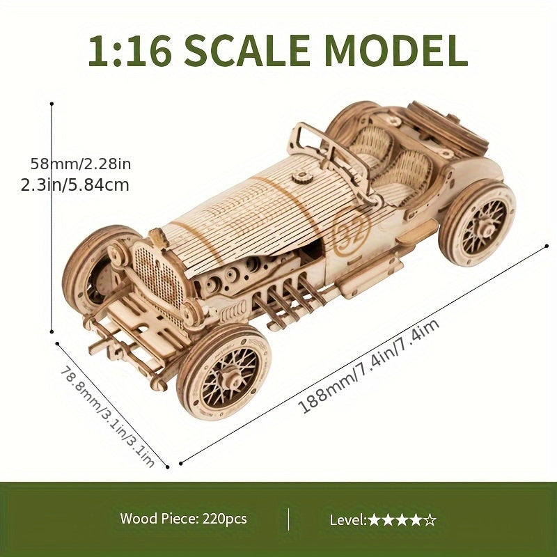 Vintage 3D Wooden Car Puzzle – Mechanical Model with Gears and Detailed Design