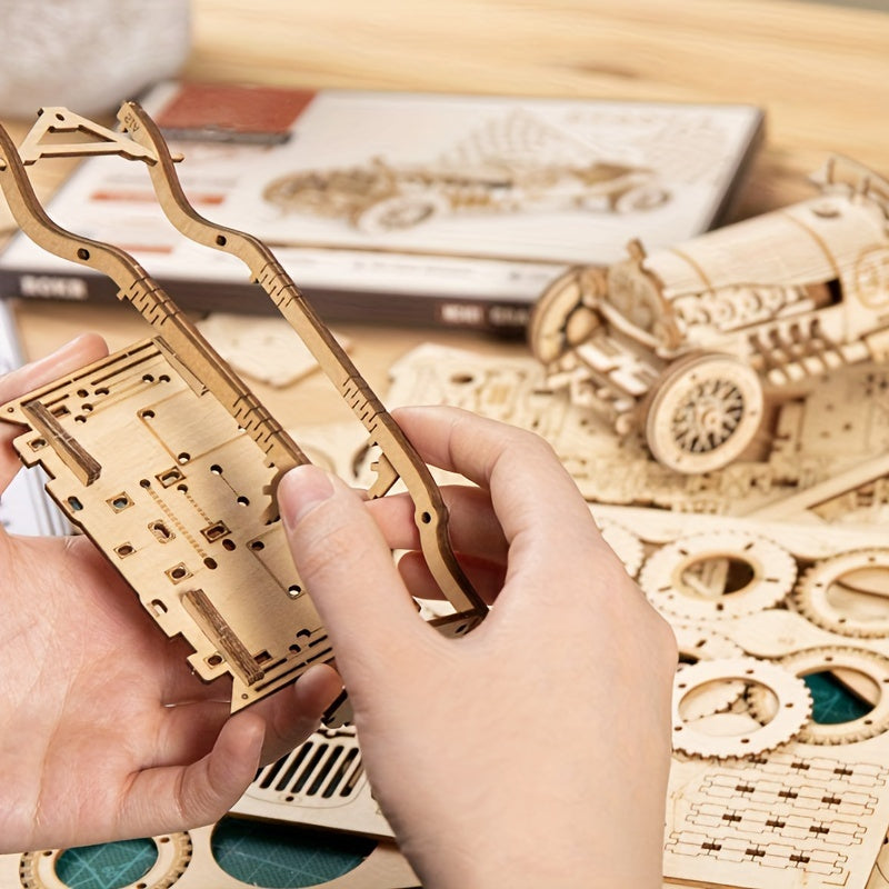 Vintage 3D Wooden Car Puzzle – Mechanical Model with Gears and Detailed Design