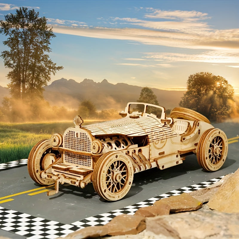 Vintage 3D Wooden Car Puzzle – Mechanical Model with Gears and Detailed Design