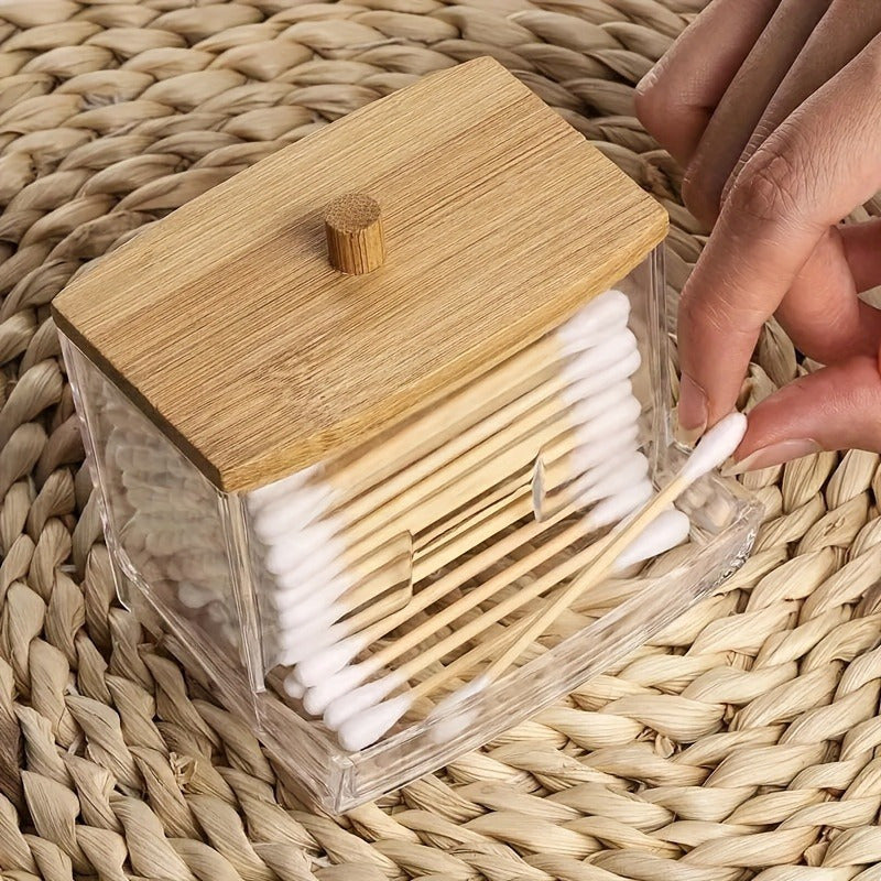 Acrylic Cotton Pad Holder with Bamboo Lid - Stylish Solution for Your Bathroom