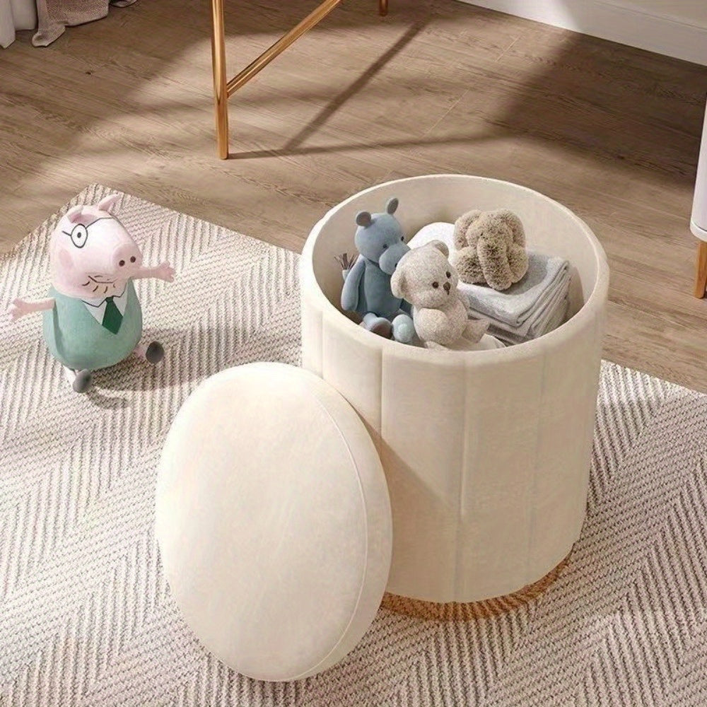 Nordic Chic Storage Ottoman – Stylish Round Pouffe with Storage and Mirror Finish