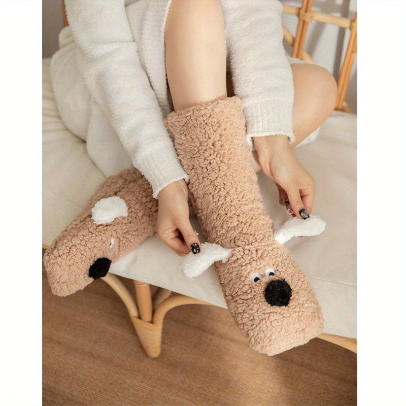 Ladies' Cozy Cartoon Dog Winter Socks - Soft and Warm Slipper Socks with Cute Animal Design