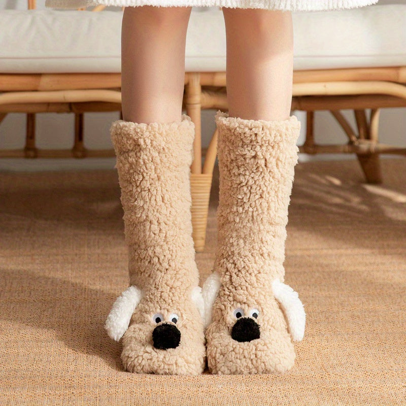 Ladies' Cozy Cartoon Dog Winter Socks - Soft and Warm Slipper Socks with Cute Animal Design