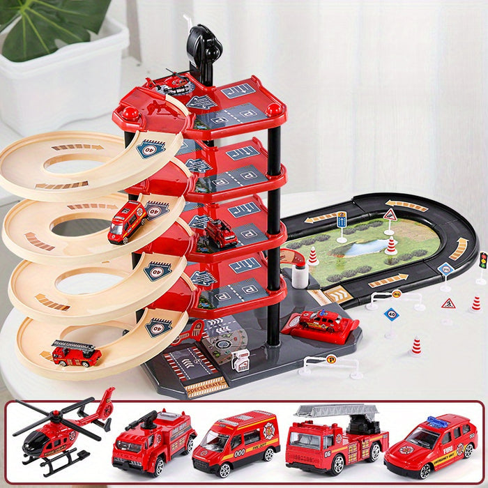 FirePark Garage Playset - Multi-Storey with Fire Engines and Traffic Signs for Adventurous Children