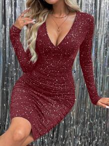 Elegant Glitter Dress with Long Sleeves and V-Neck for the Holidays - CRISTINA